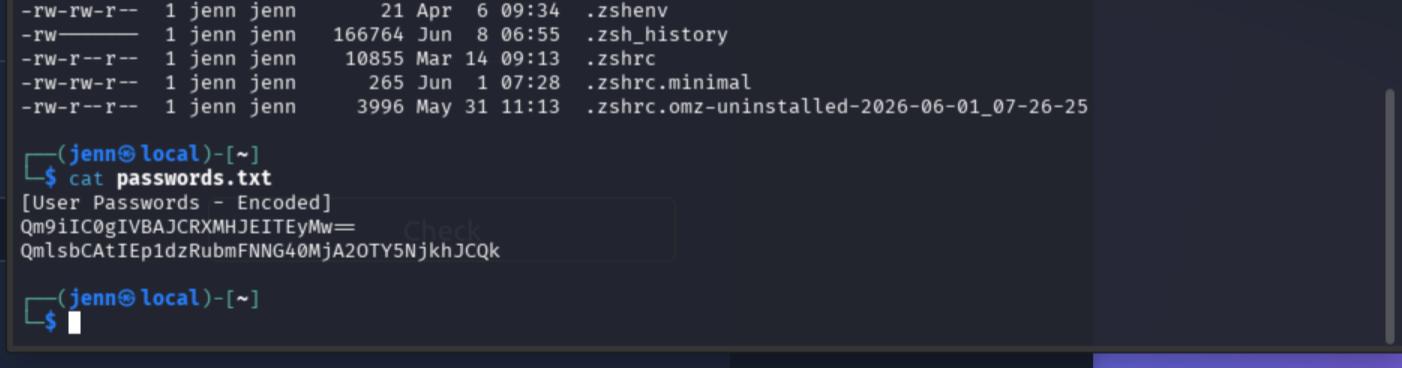 Contents of passwords.txt showing two Base64-encoded credential strings